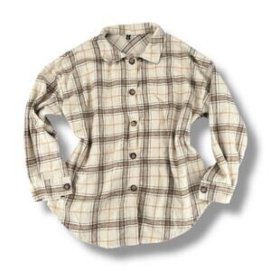 Grunge Plaid Heavy Flannel Shirt Jacket Button Down Cream Natural 6 Medium